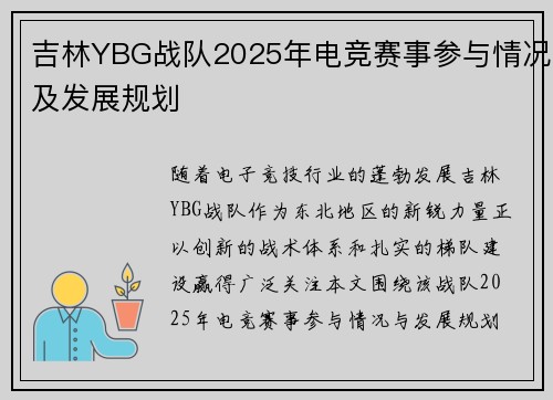 吉林YBG战队2025年电竞赛事参与情况及发展规划